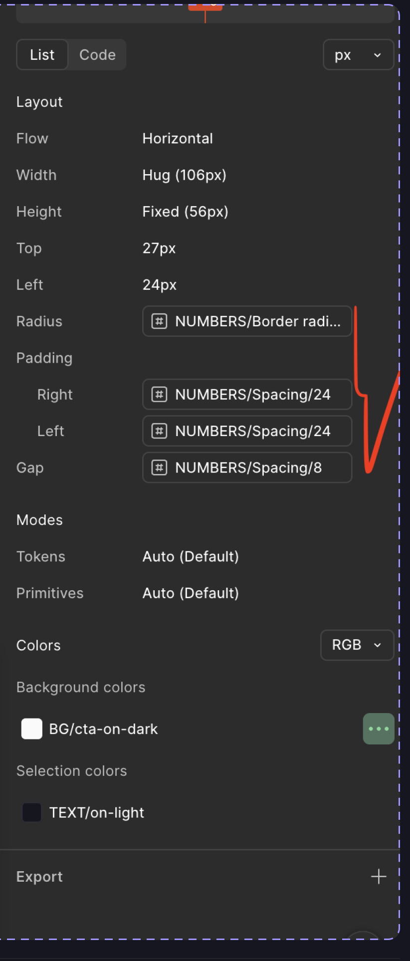 Fig. 08 — Inspect returns token names, not values: NUMBERS/Spacing/24, BG/cta-on-dark