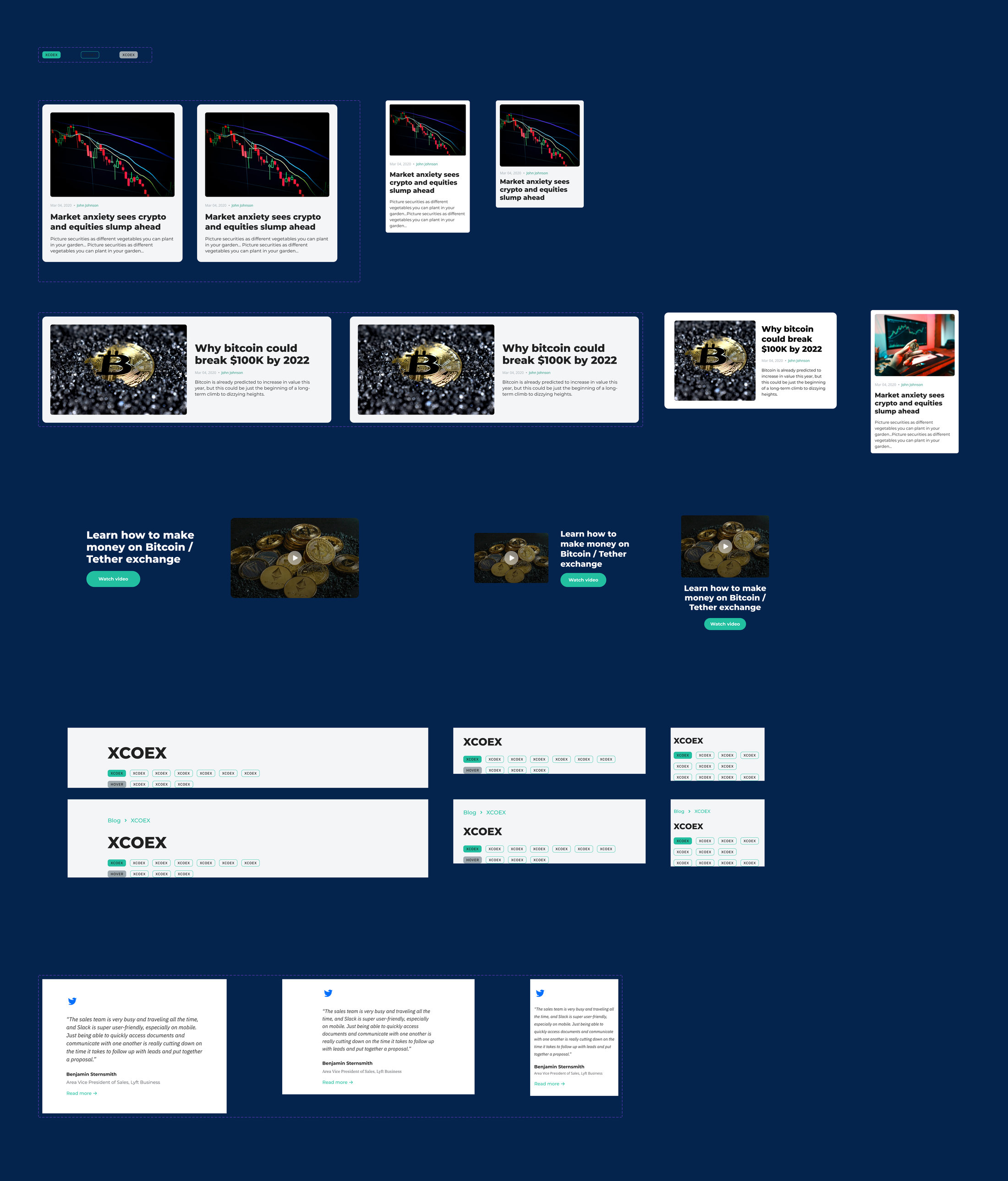 Fig. 01 — The library: news, video, headers, breadcrumbs, tags and testimonials — each at three widths