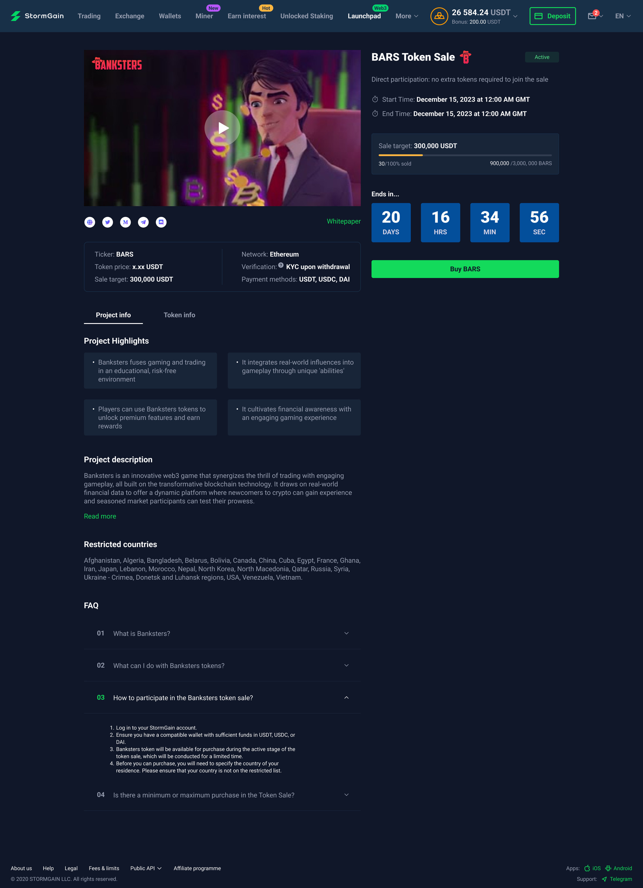 Fig. 01 — The sale page: countdown, target, terms, restricted countries and the FAQ