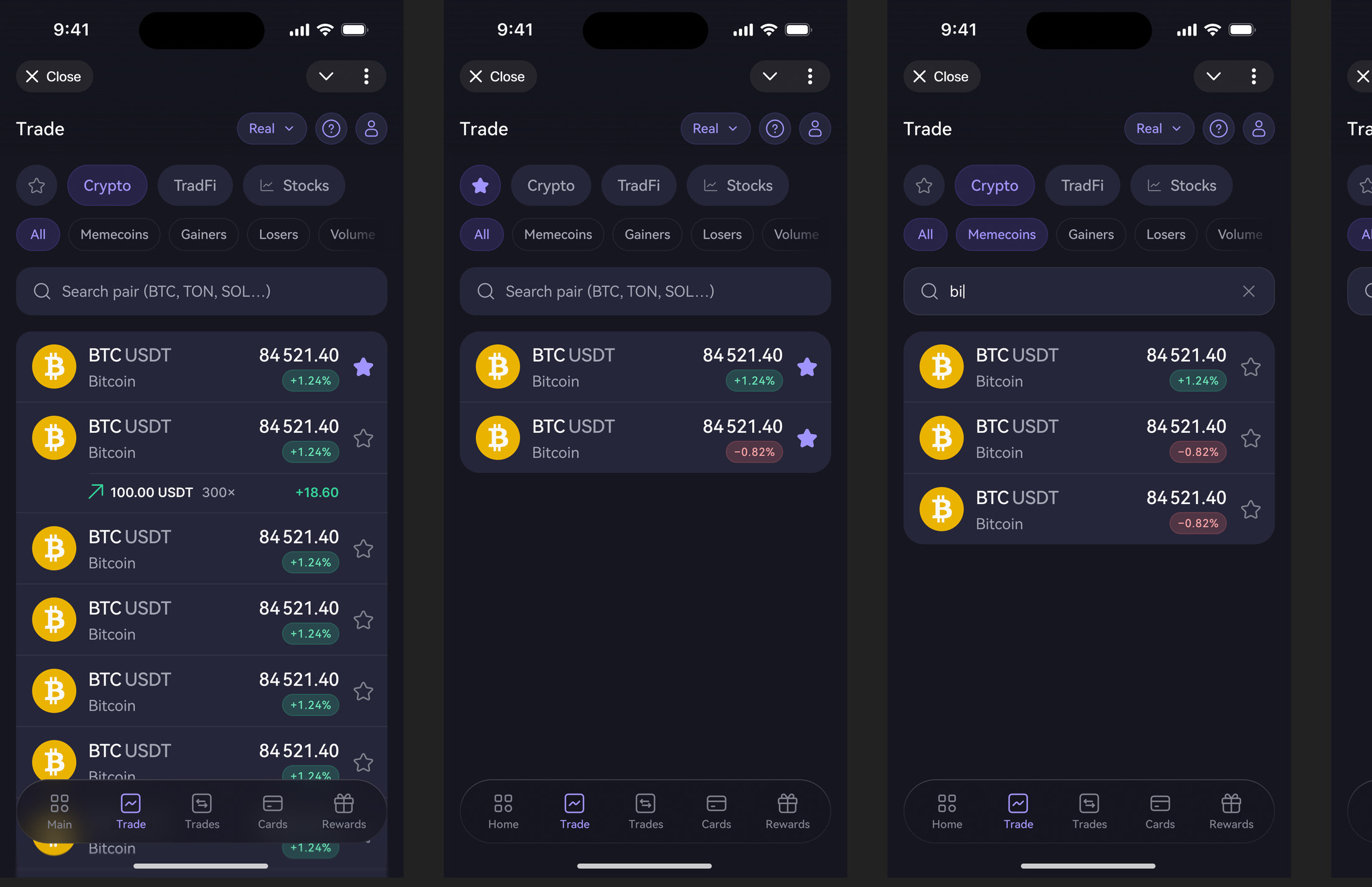 Fig. 01 — Markets: crypto, CFDs and tokenised stocks under one screen