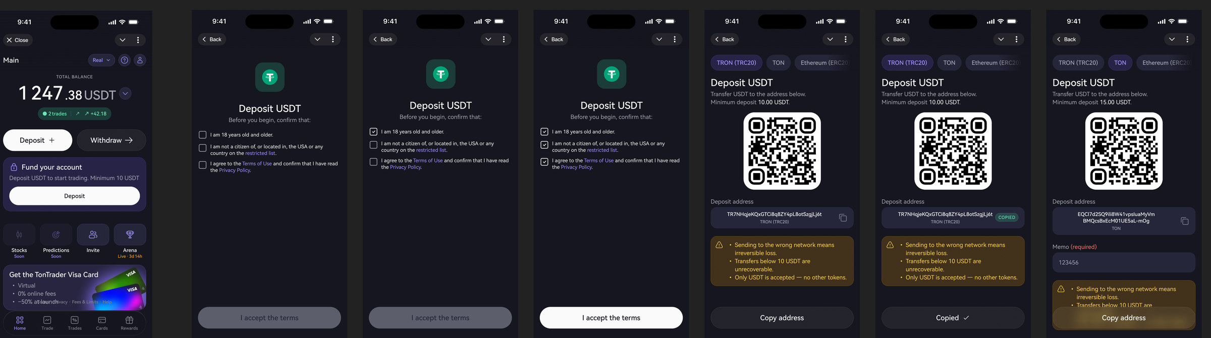 Fig. 06 — Deposit: terms accepted, network chosen, address copied — warnings where the money is
